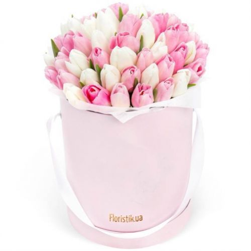 51 біло-рожевий  тюльпан у коробкі ― Floristik — доставка квітів по всій Україні