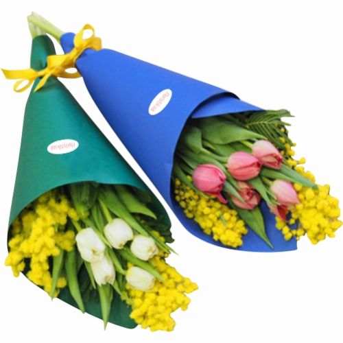 Букет из 5 тюльпанов с мимозой ― Floristik — flower delivery all over Ukraine