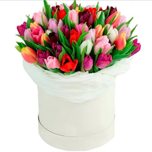 Коробка різнокольорових тюльпанів ― Floristik — доставка квітів по всій Україні